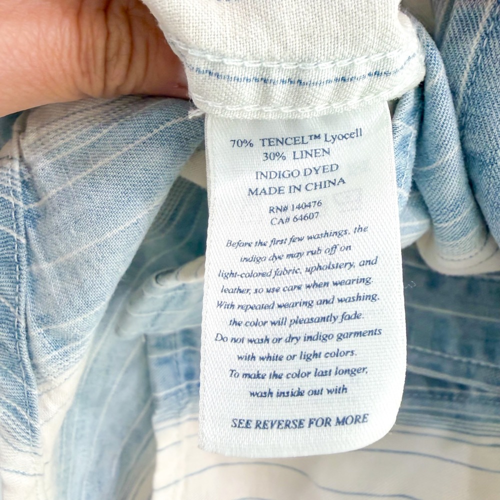 Faherty Linen Oversized Stripe Coastal Boho Button Down Shirt Blue White XS - Picture 5 of 6